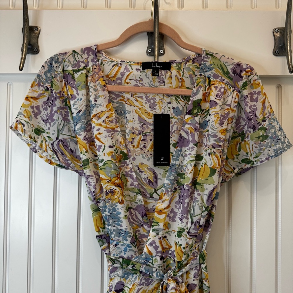 Lulu's Feels Magical Ivory Floral Print Short Sleeve Wrap Maxi Dress Sold Out S - Picture 5 of 14